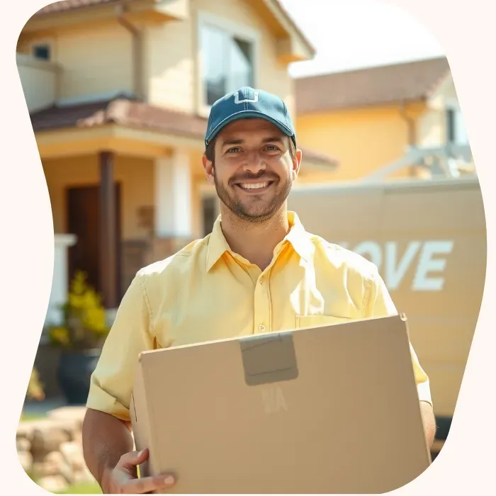 Two removalists moving boxes up stairs